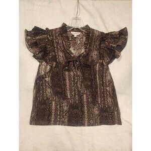 Nanette Lepore Brown Snakeskin Ruffle Sleeve Tie Neck Women  Shirt Size M